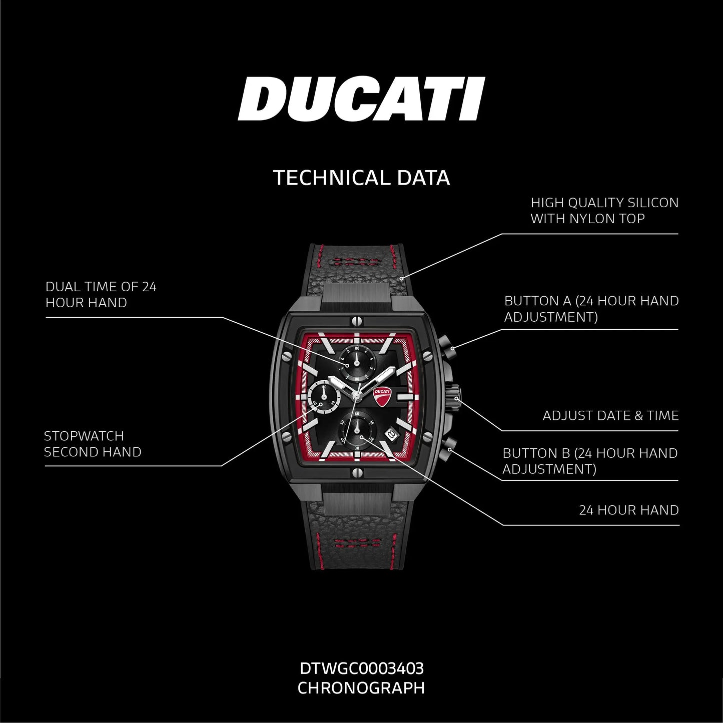 Ducati DTWGC0003403 Cardio Supermotos Chrono Black Silicon-Leather Strap