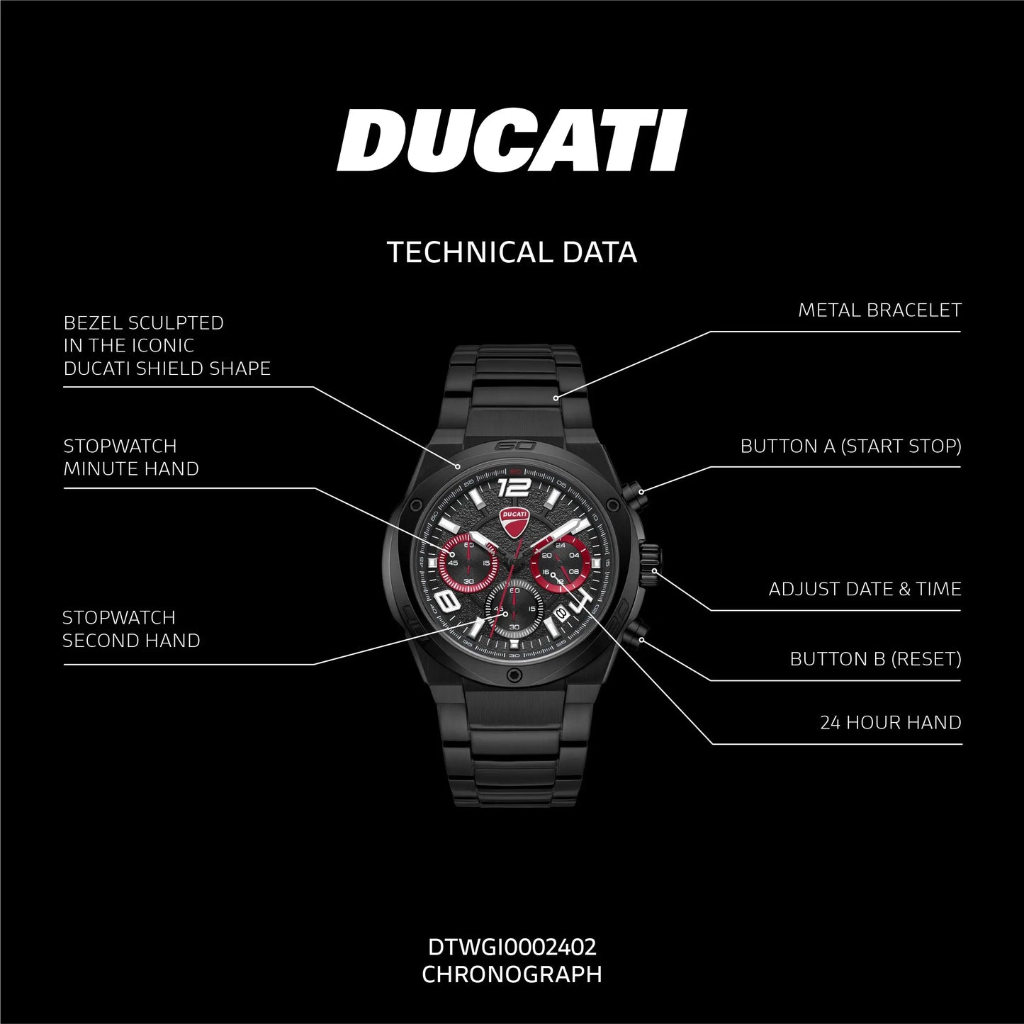 Ducati DTWGI0002402 DT019 Extreme Sports Black Stainless Steel Bracelet