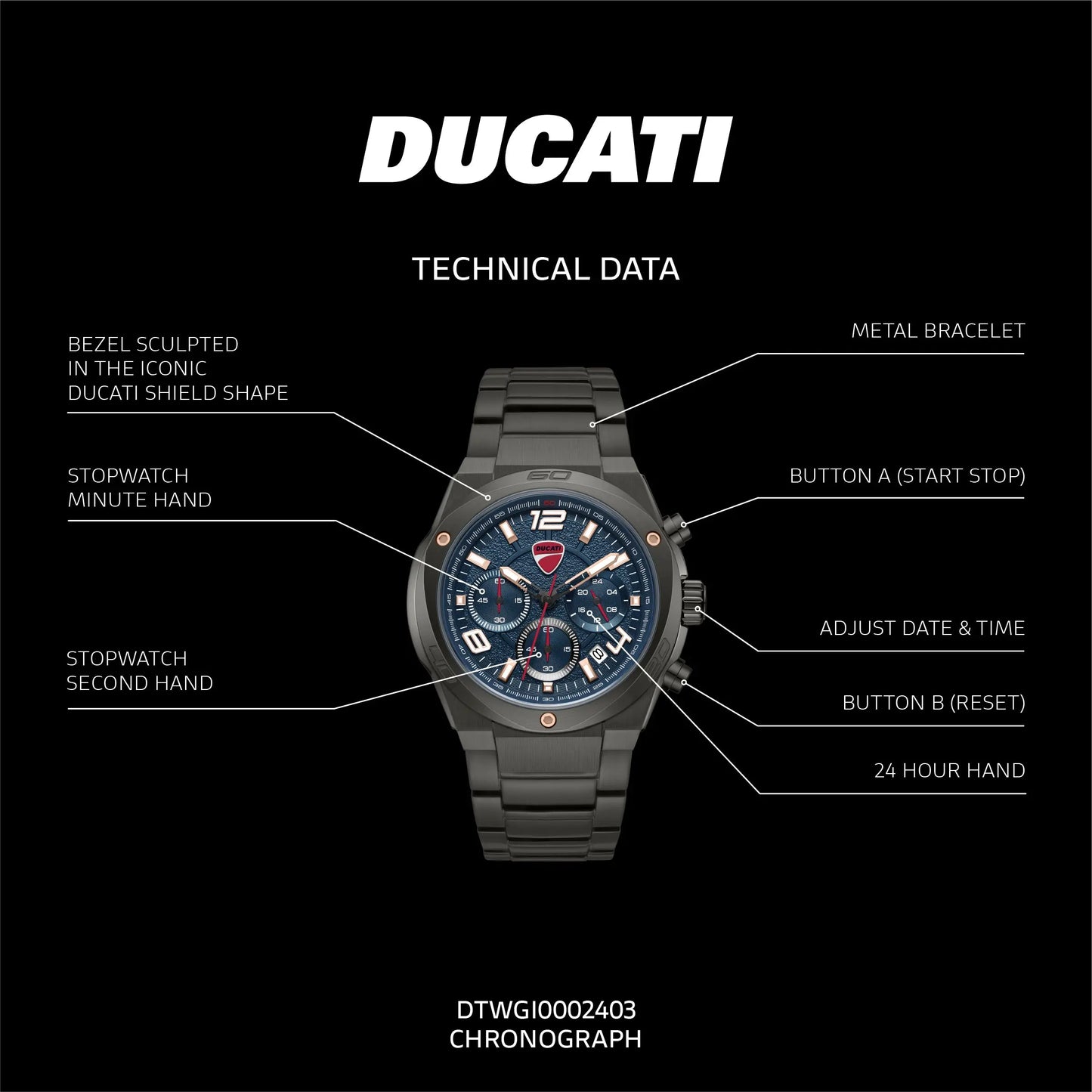 Ducati DTWGI0002403 DT019 Extreme Sports Black Stainless Steel Bracelet