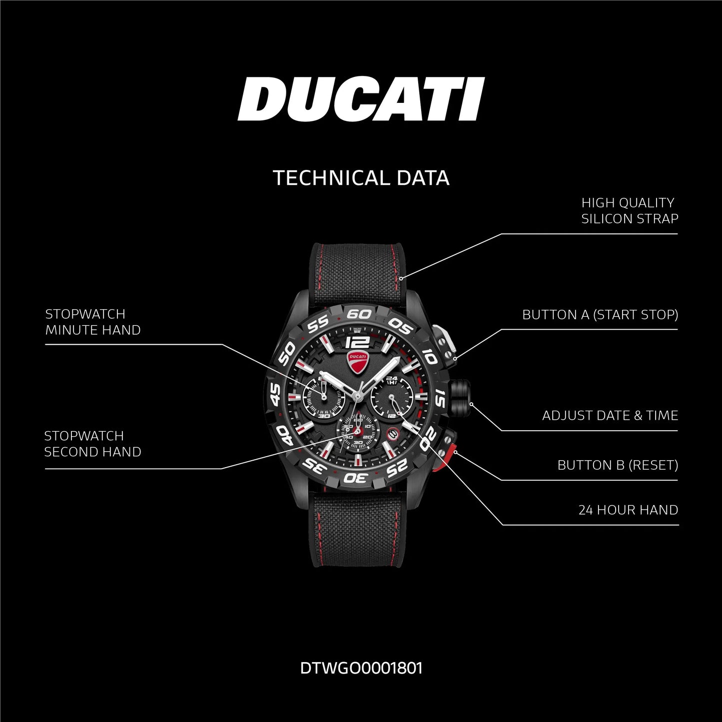 Ducati DTWGO0001801 DT12 Chronograph Black Fabric-Silicon Strap
