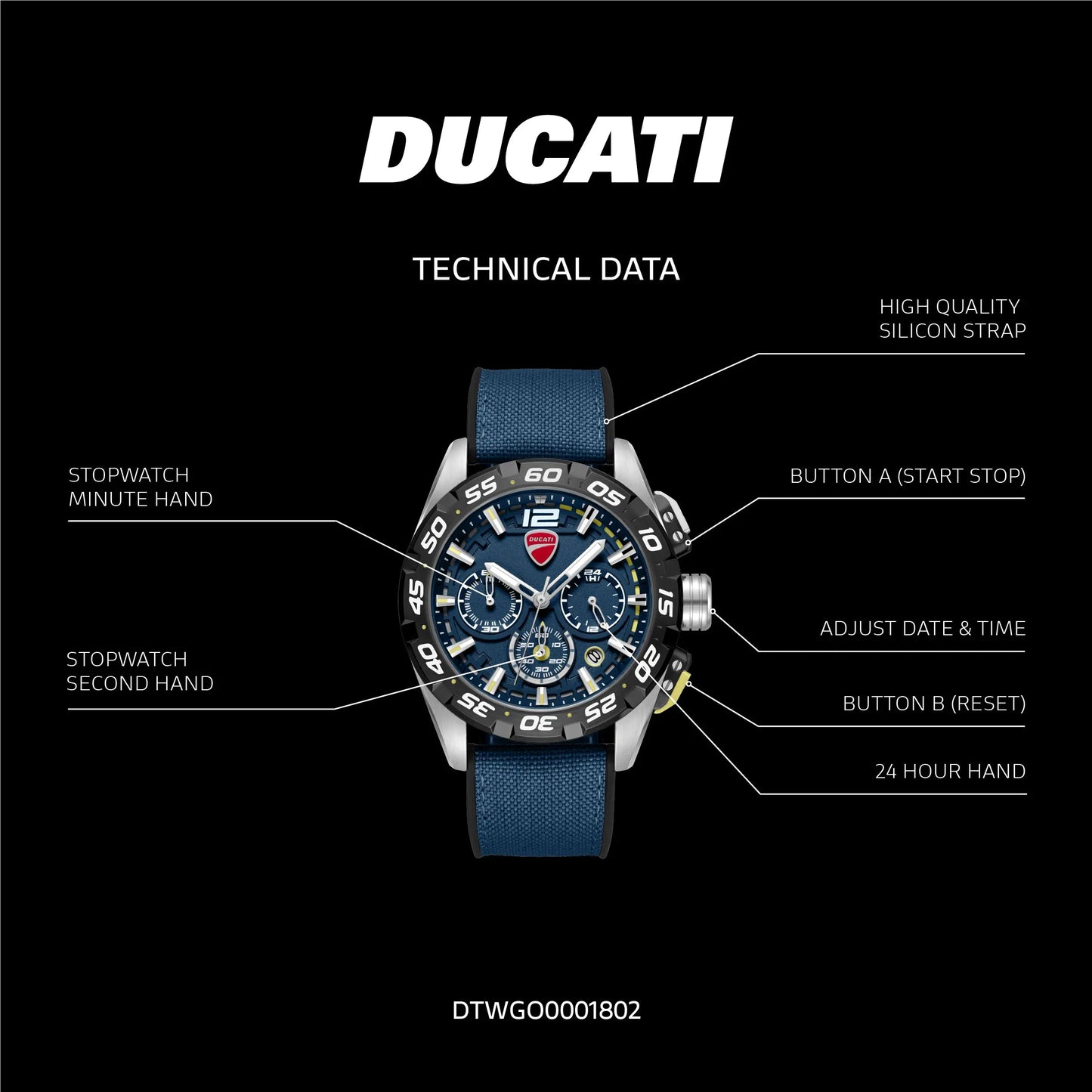 Ducati DTWGI00001802 DT12 Chronograph Blue Fabric-Silicon Strap