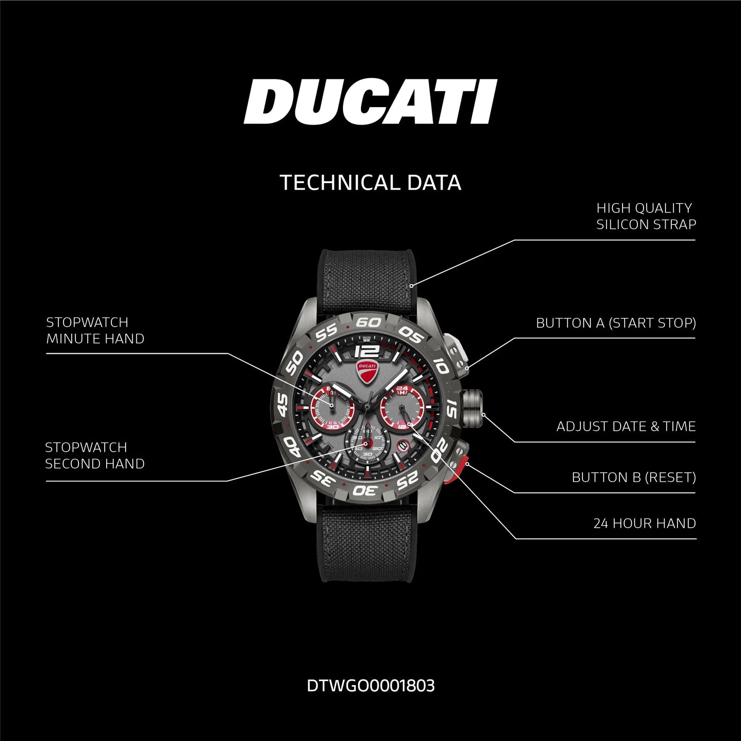 Ducati DTWGI00001803 DT12 Chronograph Black Fabric-Silicon Strap