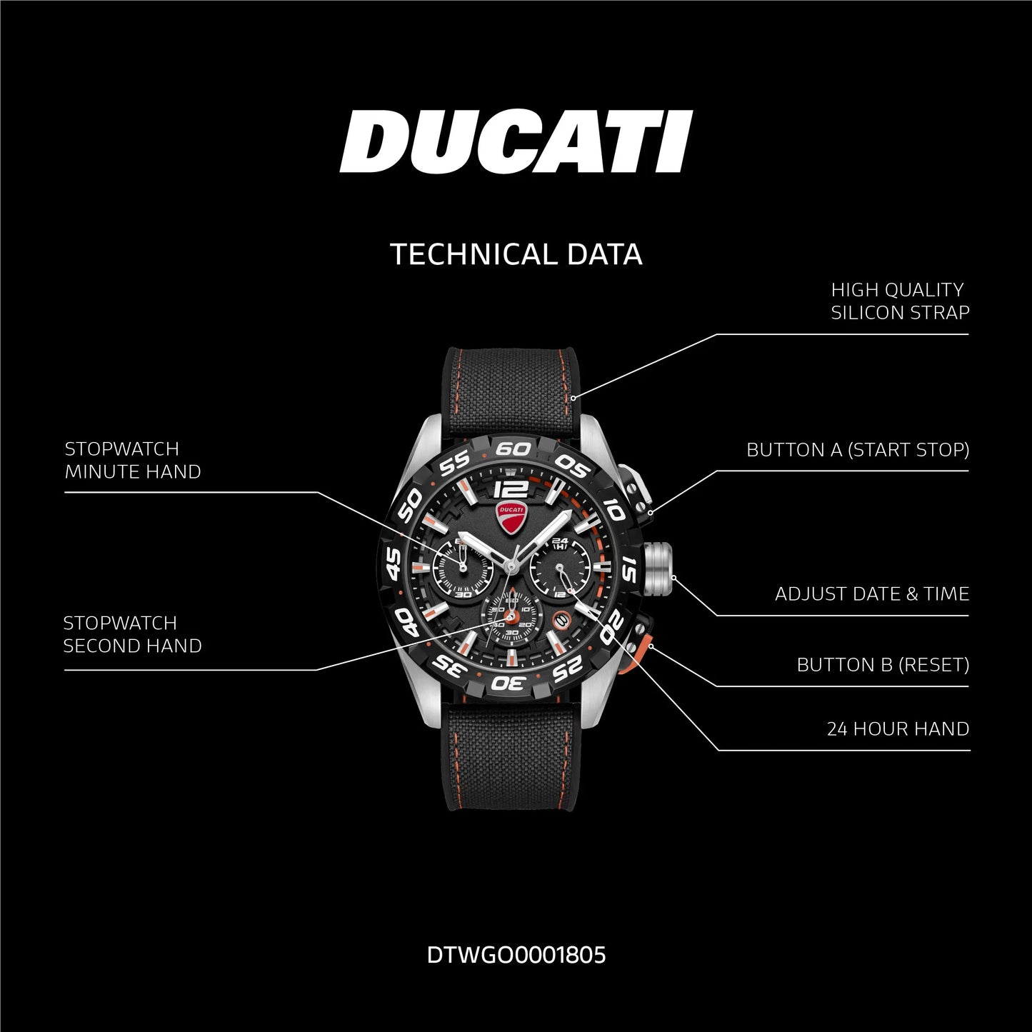 Ducati DTWGO0001805 DT12 Chronograph Black Fabric-Silicon Strap