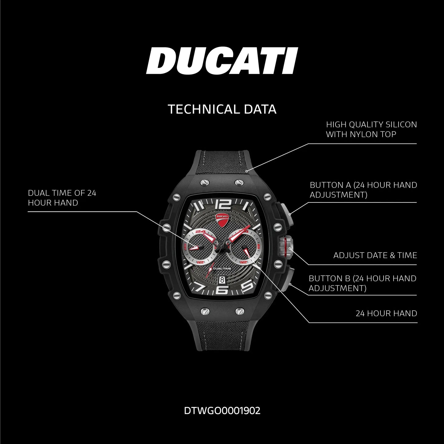 Ducati DTWGO0001902 DT13 Black Fabric-Silicon Strap