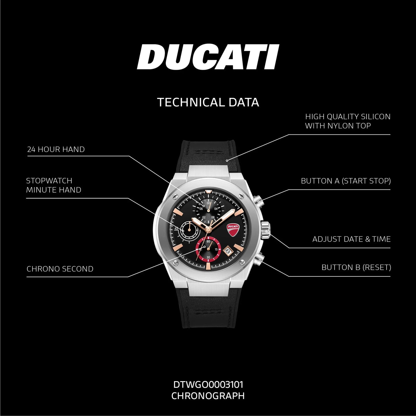 Ducati DTWGO0003101 Stelvio Touring Chrono Black Silicon Strap