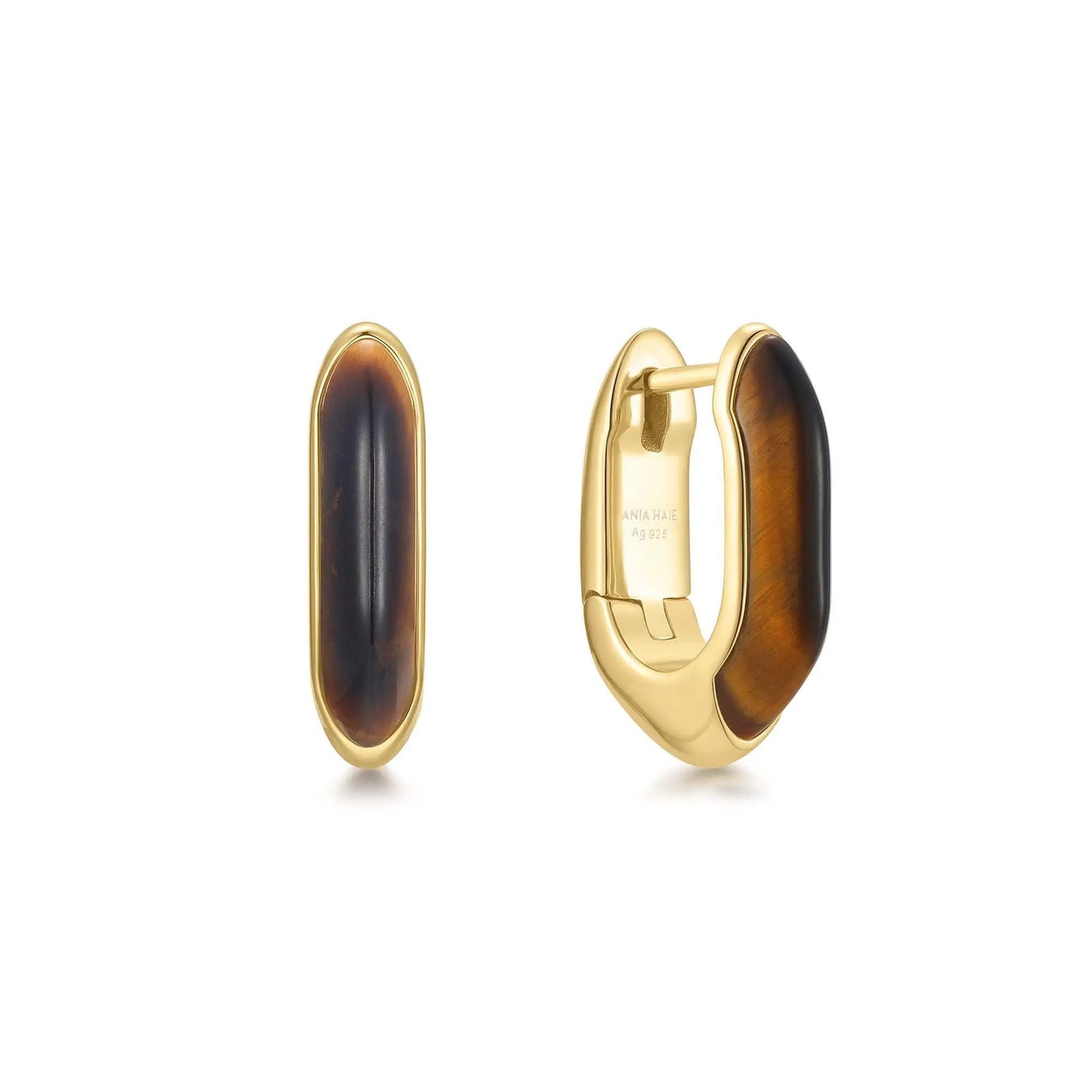 Ania Haie E068-01G-TE Σκουλαρίκια Tiger Eye Huggie Hoop από Επιχρυσωμένο Ασήμι