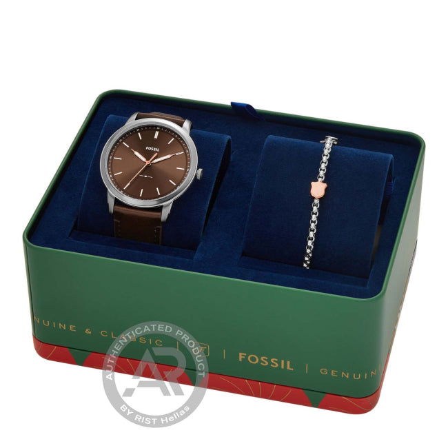 FOSSIL FS6019SET Minimalist Brown Leather Strap Gift Set