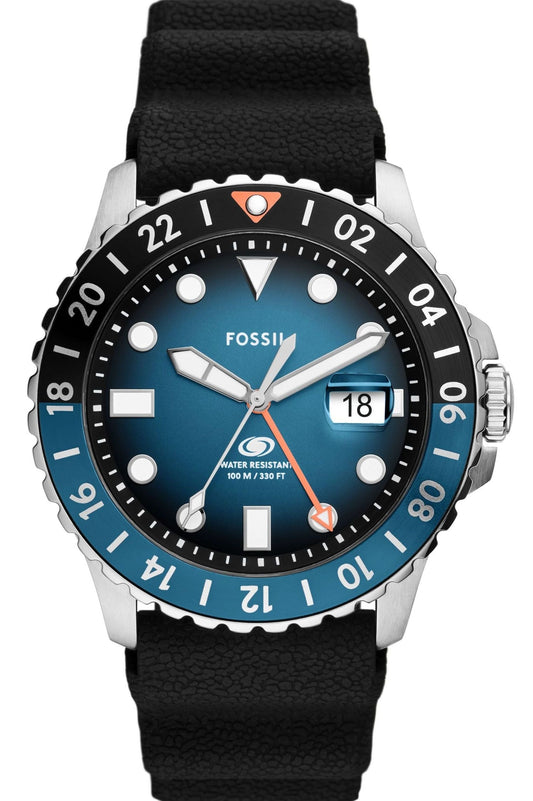 FOSSIL FS6049 Blue GMT Black Silicon Strap