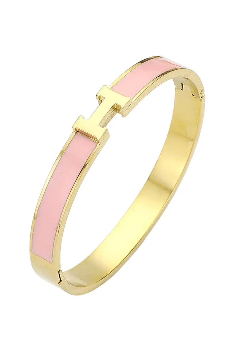 Βραχιόλι KB85G Χειροπέδα Λεπτή Από Επιχρυσωμένο Ατσάλι με Ροζ Σμάλτο