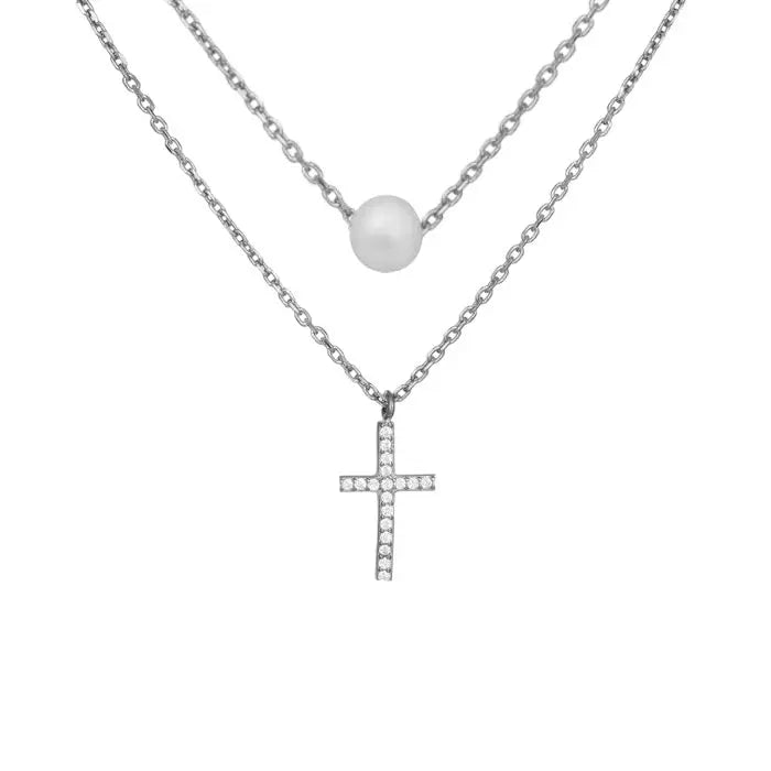 Κολιέ MC7892W Σταυρός Από Ανοξείδωτο Ατσάλι με Πέρλα