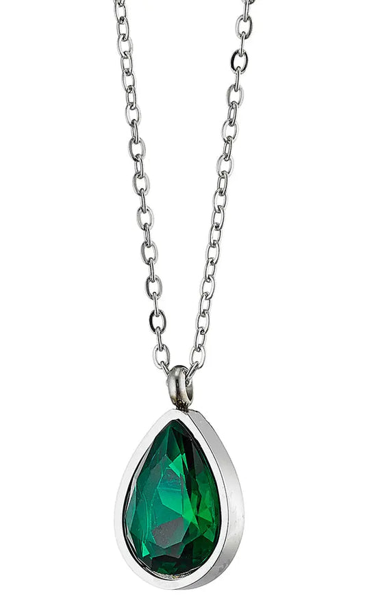 N07145G Teardrop Necklace In Gold Plated Steel With Green Zircon