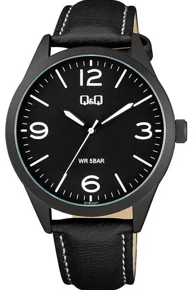 Q&Q Q77B-002PY Black Leather Strap