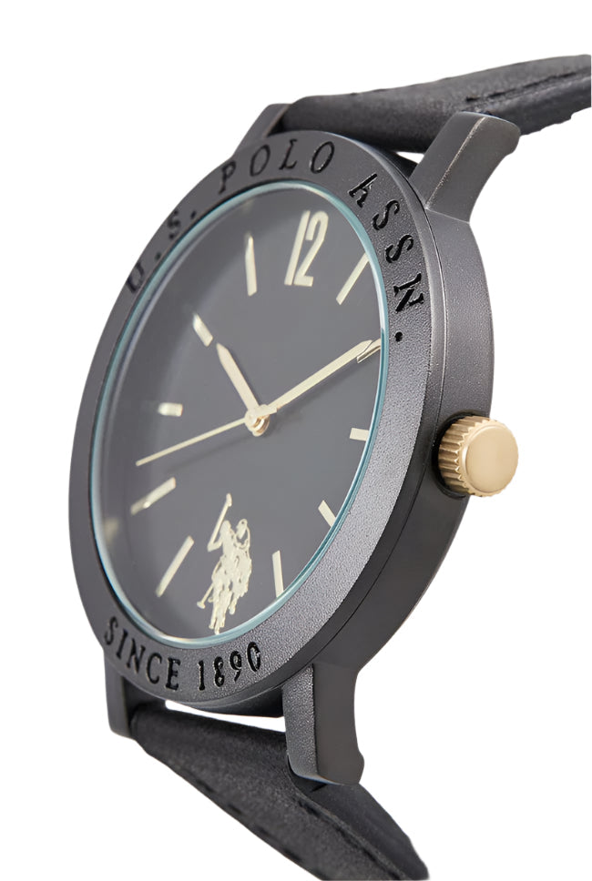U.S. POLO USP4931YG Roman Black Leather Strap