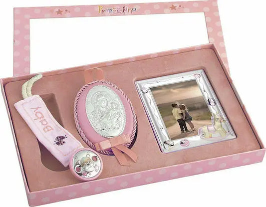 Σετ MA/SA140R Φυλαχτό Παναγία Σετ με Κορνίζα και Πιπιλοπιάστρα από Ασήμι