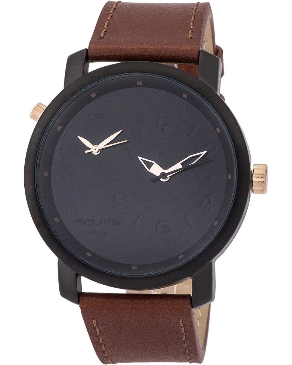 3GUYS 3G18502 Dual Time Brown Leather Strap - Κοσμηματοπωλείο Goldy