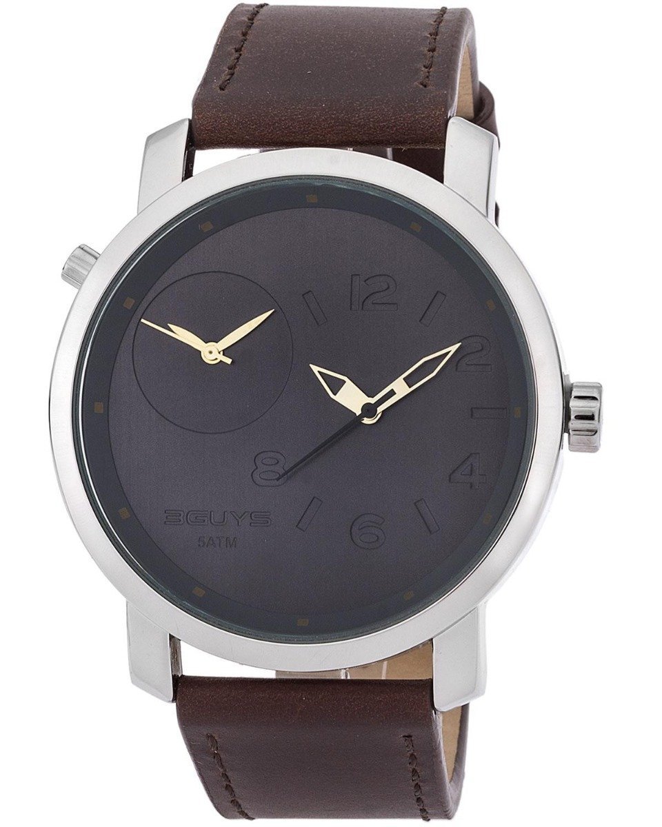 3GUYS 3G18503 Dual Time Brown Leather Strap - Κοσμηματοπωλείο Goldy