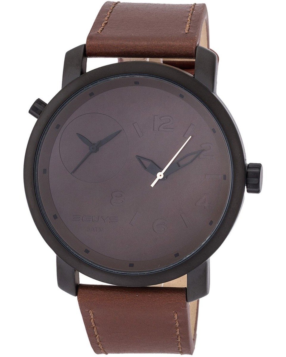 3GUYS 3G18510 Dual Time Brown Leather Strap - Κοσμηματοπωλείο Goldy