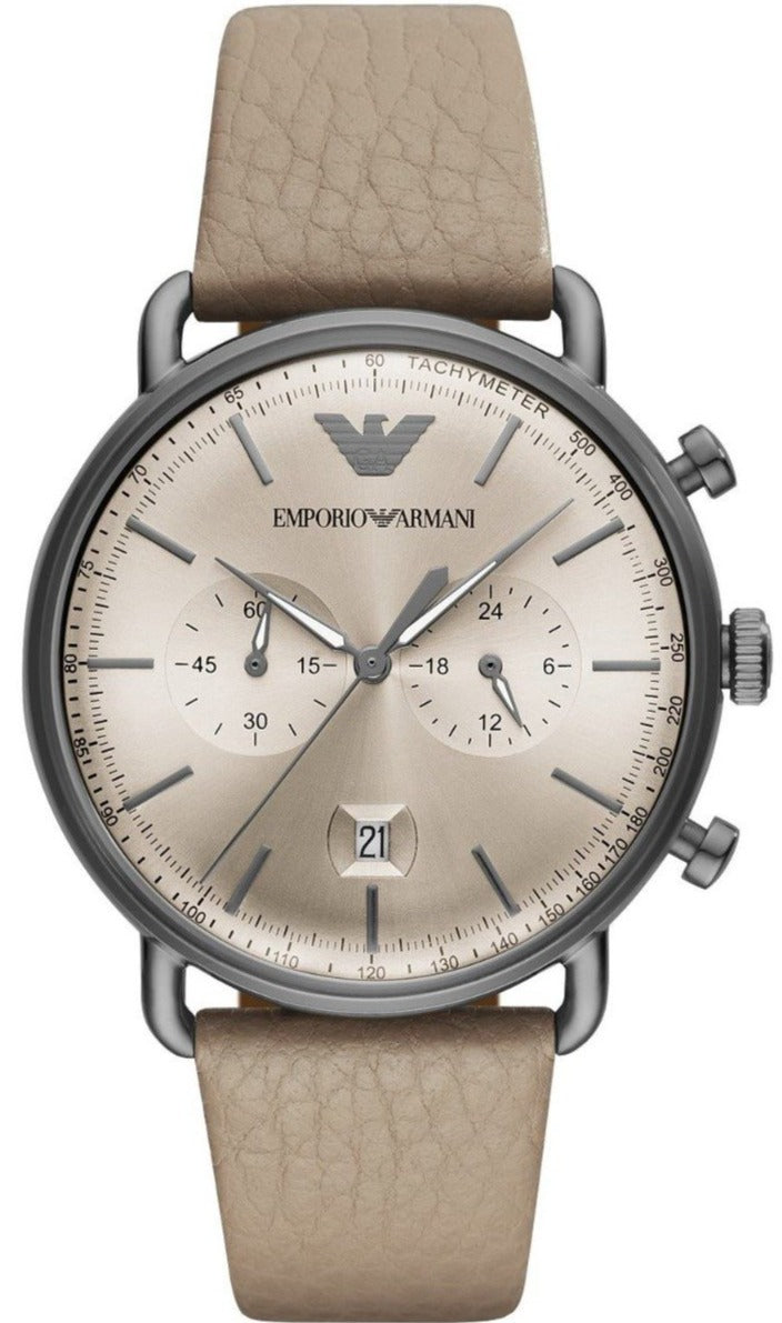 Emporio Armani AR11107 Aviator Chronograph Beige Leather Strap - Κοσμηματοπωλείο Goldy