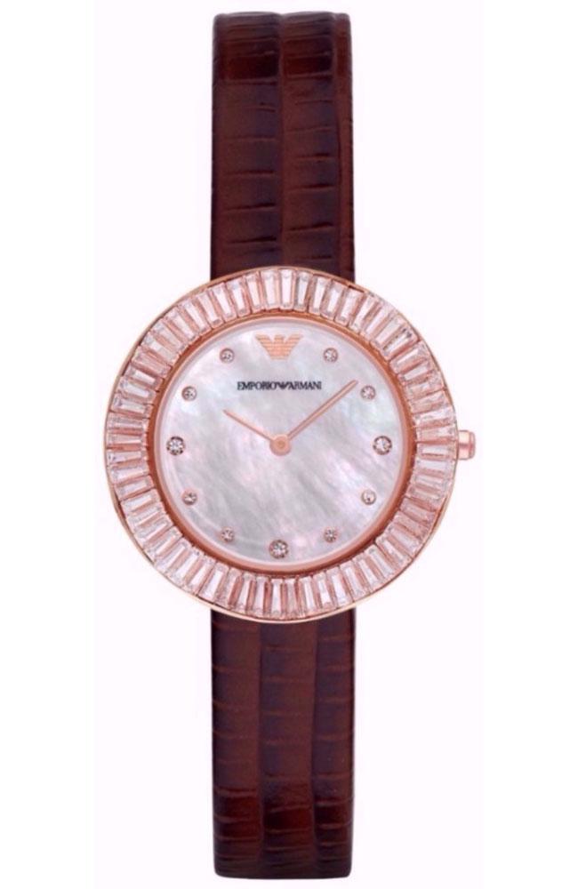 Emporio Armani AR7433 Wave Rose Gold Brown Leather Strap - Κοσμηματοπωλείο Goldy