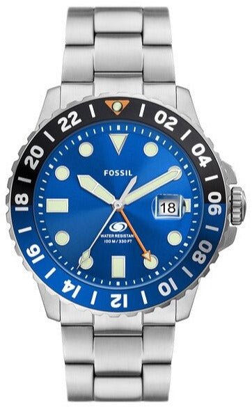 FOSSIL FS5991 Blue GMT Silver Stainless Steel Bracelet - Κοσμηματοπωλείο Goldy
