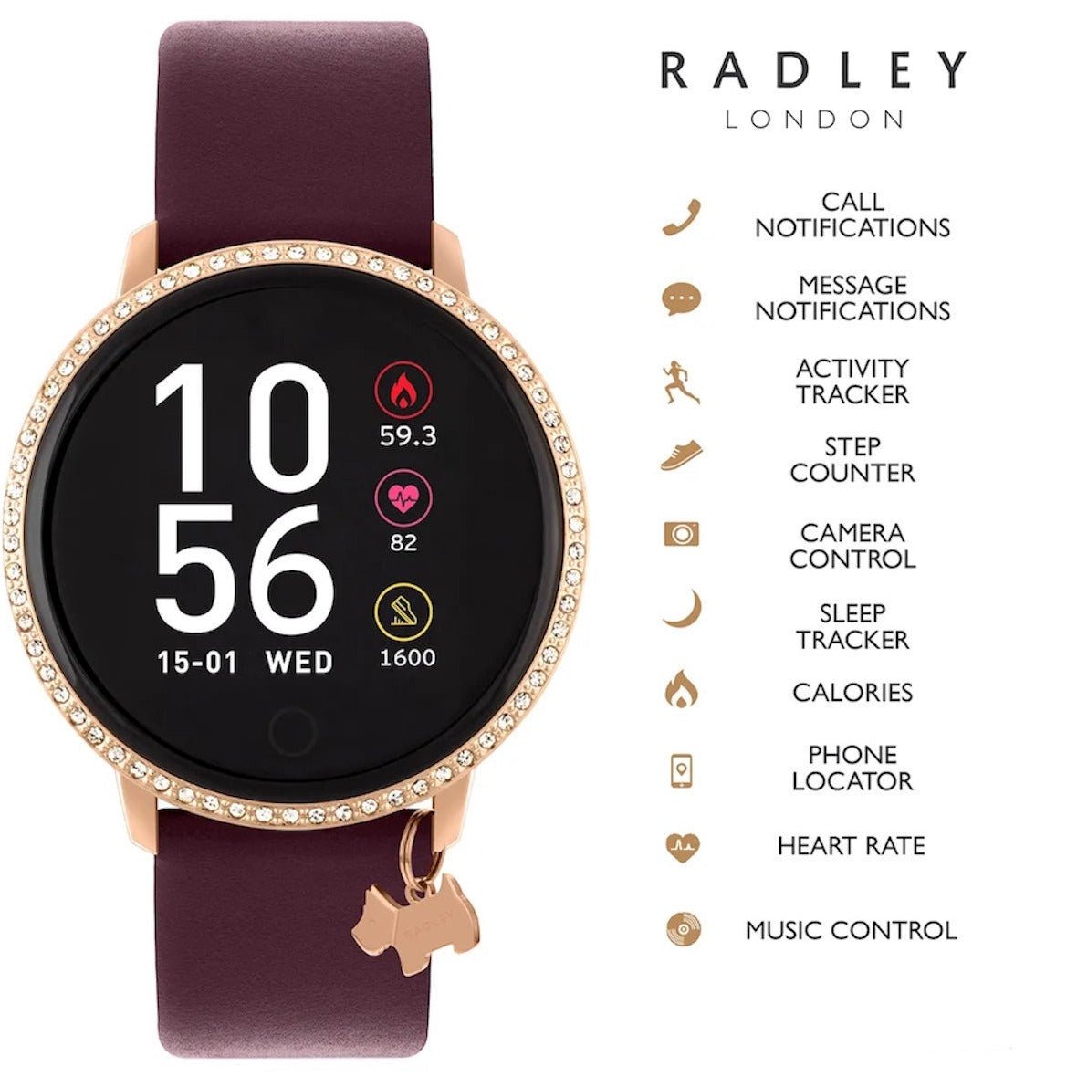 Radley London RYS05-2106-INT Series 5 Smartwatch Burgundy Leather Strap - Κοσμηματοπωλείο Goldy