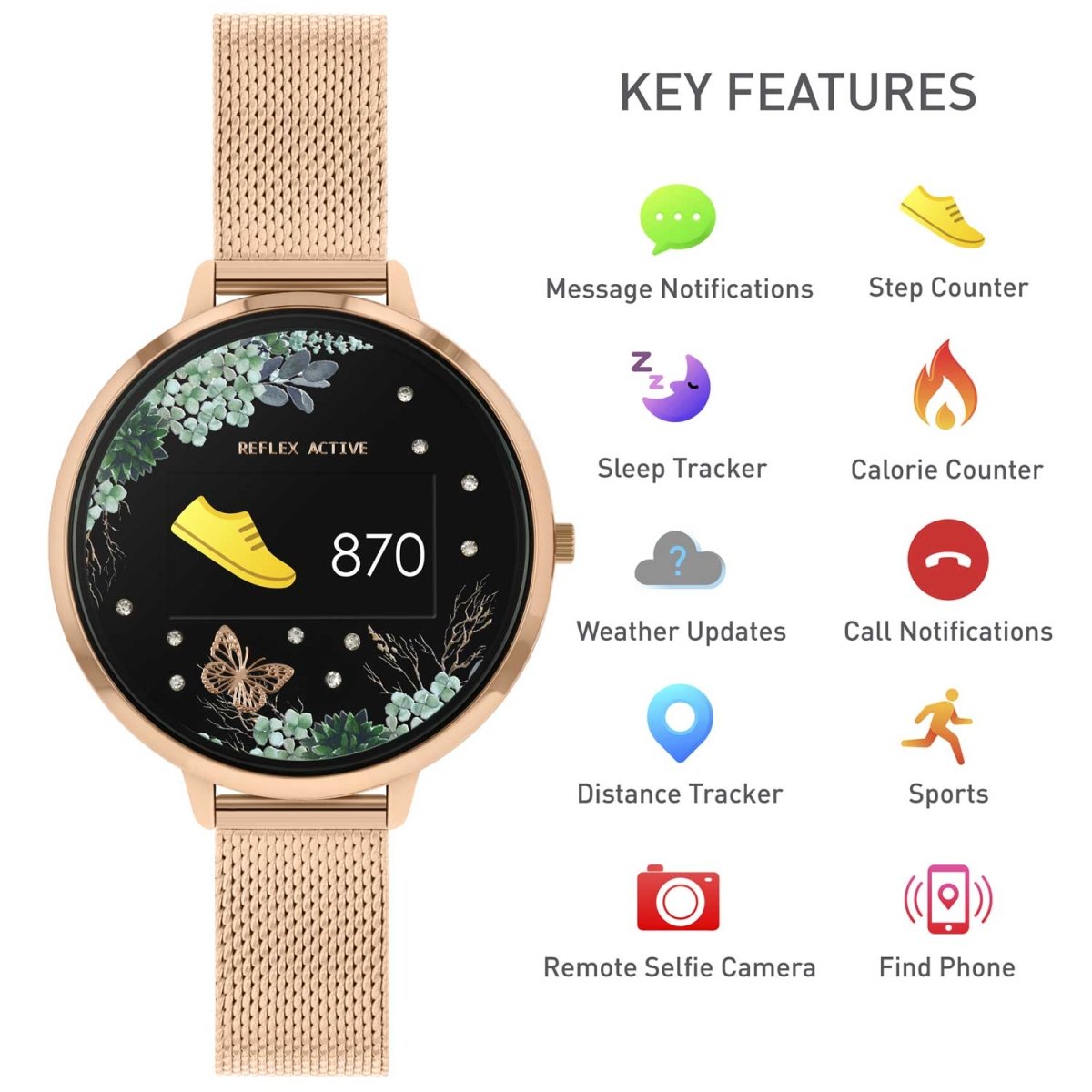 Reflex Active RA03-4034 Smartwatch Rose Gold Stainless Steel Bracelet - Κοσμηματοπωλείο Goldy