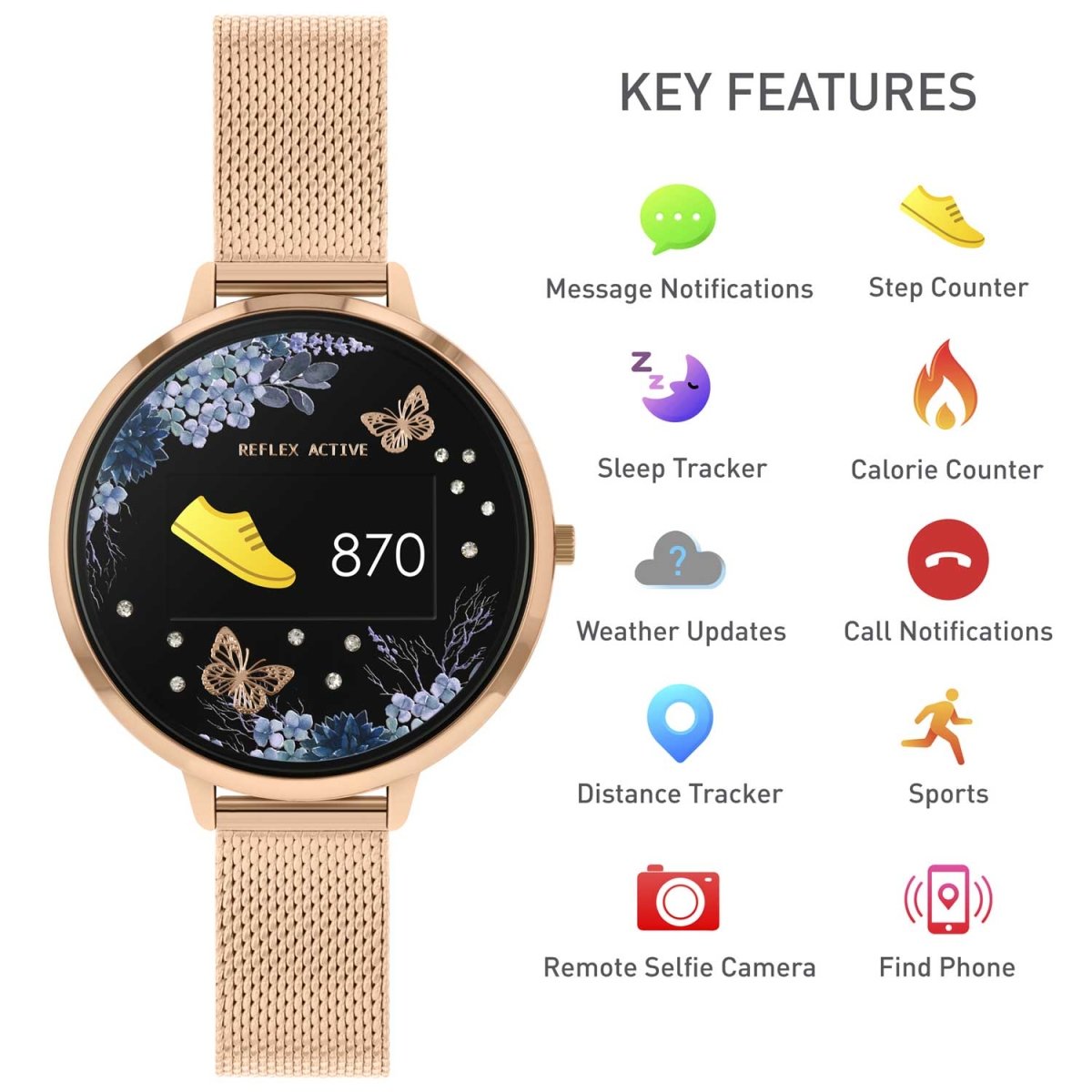 Reflex Active RA03-4036 Smartwatch Rose Gold Stainless Steel Bracelet - Κοσμηματοπωλείο Goldy