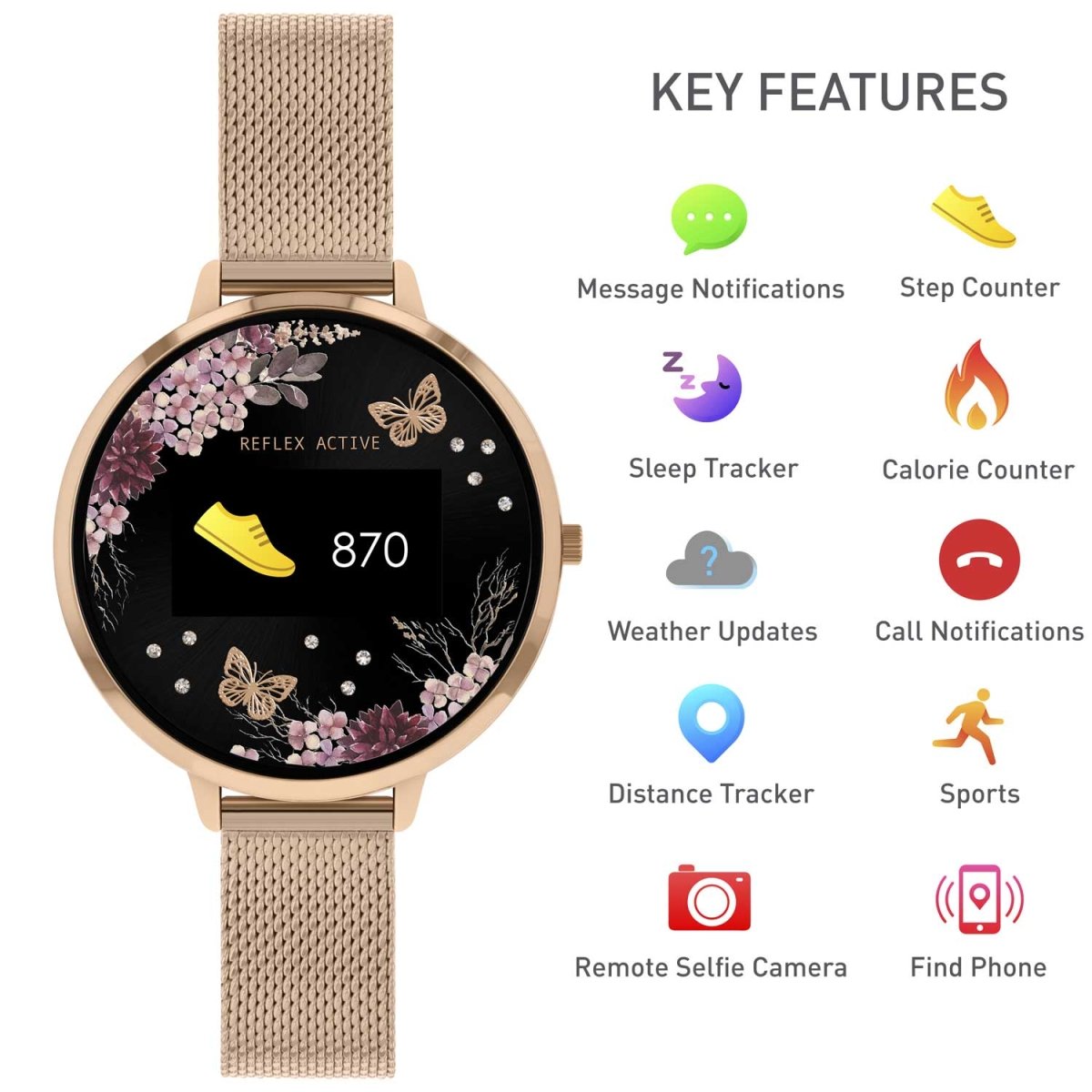 Reflex Active RA03-4038 Smartwatch Rose Gold Stainless Steel Bracelet - Κοσμηματοπωλείο Goldy