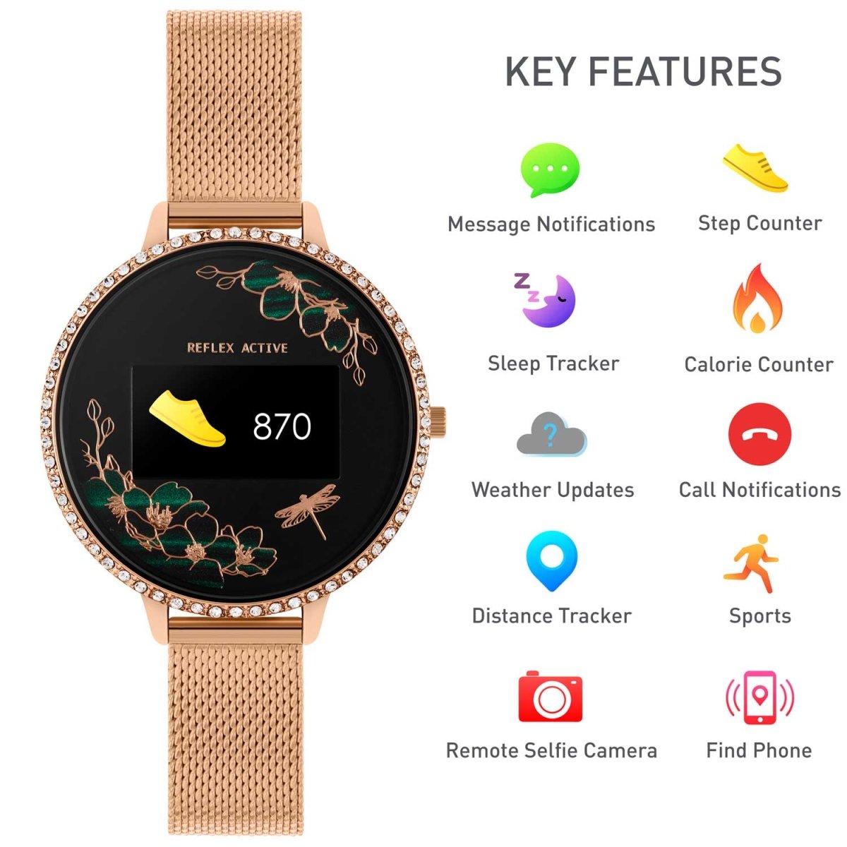 Reflex Active RA03-4044 Smartwatch Rose Gold Stainless Steel Bracelet - Κοσμηματοπωλείο Goldy