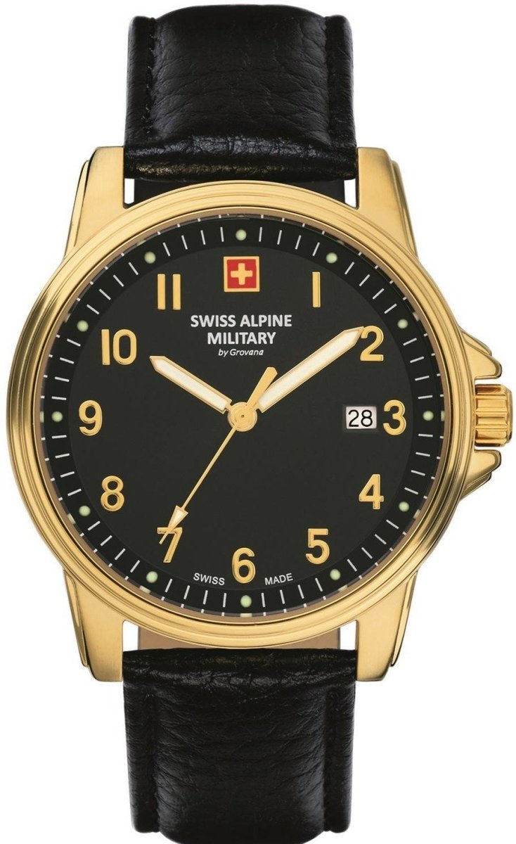 SWISS ALPINE MILITARY SAM7011.1517 Leader Black Leather Strap - Κοσμηματοπωλείο Goldy