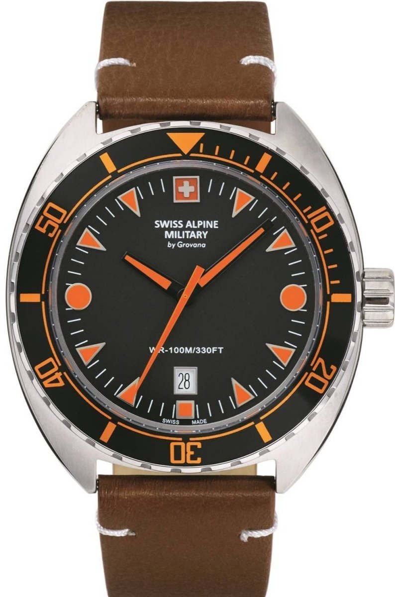 SWISS ALPINE MILITARY SAM7066.1539 Navy 20 Brown Leather Strap - Κοσμηματοπωλείο Goldy