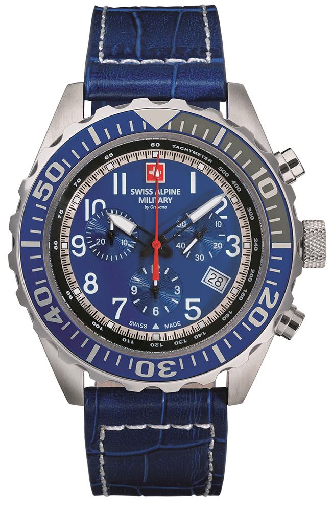 SWISS ALPINE MILITARY SAM7076.9535 Navy Chronograph Blue Leather Strap - Κοσμηματοπωλείο Goldy