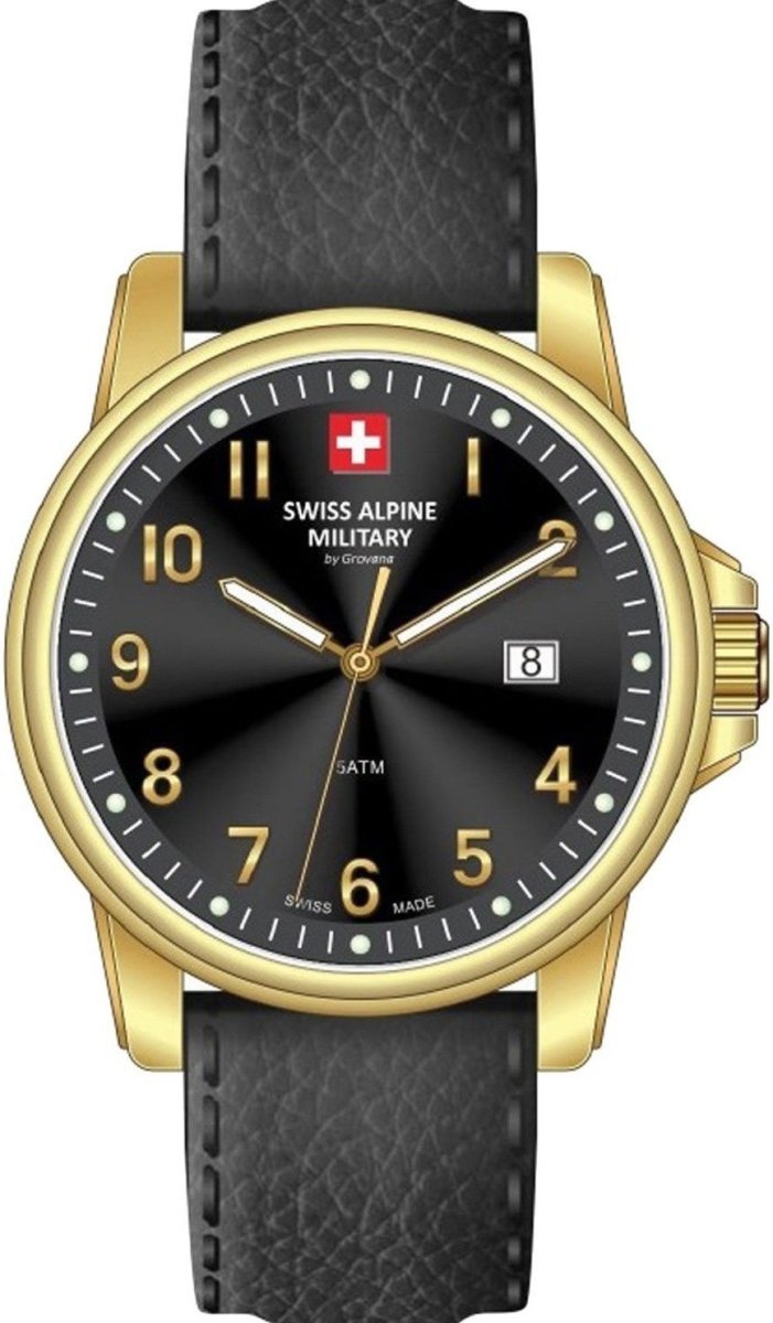 SWISS ALPINE MILITARY SAM7711.1517 Leader Black Leather Strap - Κοσμηματοπωλείο Goldy