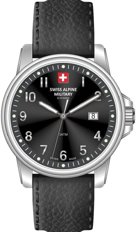 SWISS ALPINE MILITARY SAM7711.1537 Leader Black Leather Strap - Κοσμηματοπωλείο Goldy