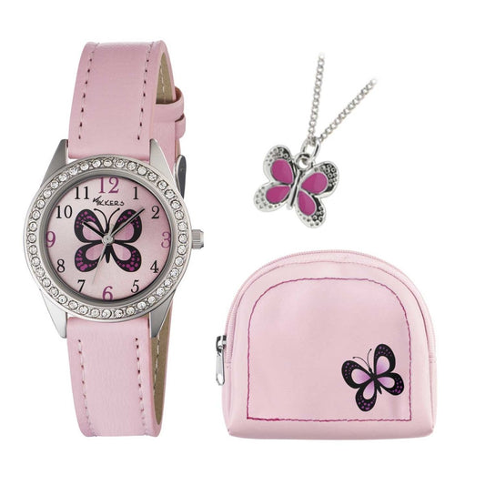 Tikkers AKG-008 Kids Butterfly Gift Set Pink Leather Strap - Κοσμηματοπωλείο Goldy
