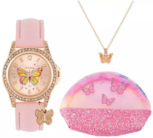 Tikkers ATK1086 Kids Butterfly Gift Set Pink Leather Strap - Κοσμηματοπωλείο Goldy
