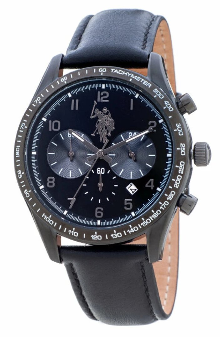 U.S POLO USP4741BK Princeton Chronograph Black Leather Strap - Κοσμηματοπωλείο Goldy